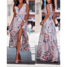 Floral Print High Slit Wrap Maxi Dress - purple