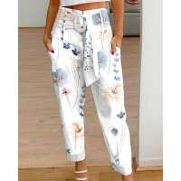 Floral Print High Waist Belted Pocket Design Pants - white