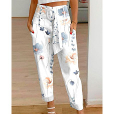 Floral Print High Waist Belted Pocket Design Pants - white