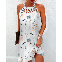 Floral Print Hollow Out Casual Dress - white