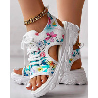 Floral Print Hollow Out Lace-up Wedge Sandals - Multicolor