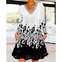 Floral Print Hollow Out Long Sleeve Casual Dress - white