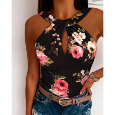 Floral Print Keyhole Neck Tank Top - black