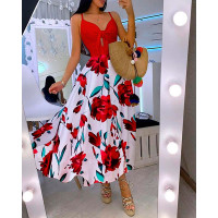 Floral Print Knotted Front Button Design Maxi Dress - red