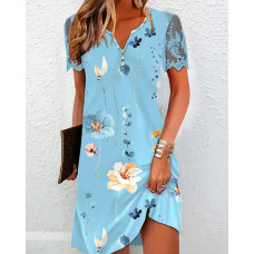 Floral Print Lace Patch Casual Dress - blue