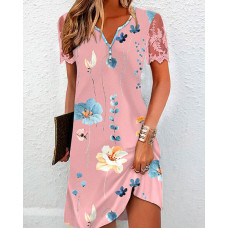 Floral Print Lace Patch Casual Dress - pink