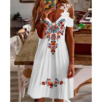 Floral Print Lace Patch Cold Shoulder Casual Dress - white