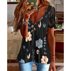 Floral Print Lace Patch Deep V-Neck Top - black