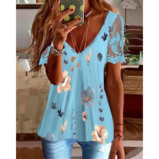 Floral Print Lace Patch Deep V-Neck Top - blue