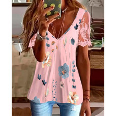 Floral Print Lace Patch Deep V-Neck Top - pink