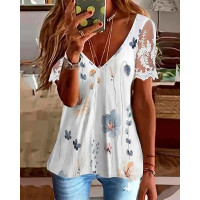 Floral Print Lace Patch Deep V-Neck Top - white