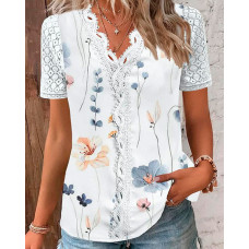 Floral Print Lace Patch Hollow Out Top - white