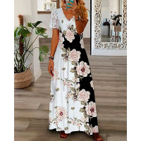 Floral Print Lace Patch Maxi Dress - white