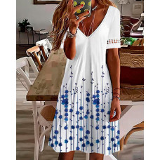 Floral Print Lace Patch Pleated Casual Dress - white