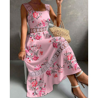 Floral Print Lace Patch Sleeveless Maxi Dress - pink