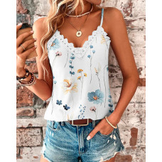 Floral Print Lace Patch Tank Top - white