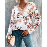 Floral Print Lace Patch V-Neck Top - white