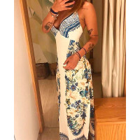 Floral Print Lace-up Backless High Slit Maxi Dress - beige