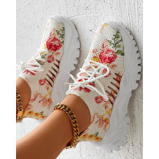 Floral Print Lace-up Breathable Slip-On Sneakers - Multicolor