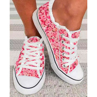 Floral Print Lace-up Fringe Hem Sneakers - pink