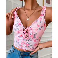 Floral Print Lace-up Front Frill Hem Crop Top - pink