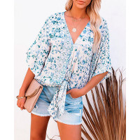 Floral Print Lace-up Half Sleeve Shirt - blue