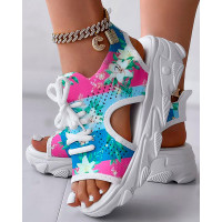 Floral Print Lace-up Hollow Out Platform Wedge Sandals - Multicolor