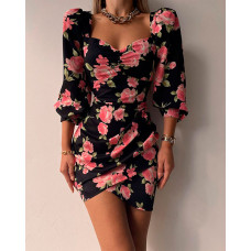 Floral Print Lantern Sleeve Bodycon Dress - black