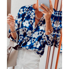 Floral Print Lantern Sleeve Buttoned Top - blue