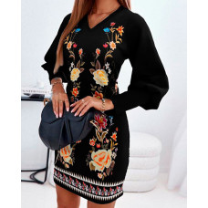 Floral Print Lantern Sleeve Casual Dress - black