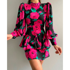 Floral Print Lantern Sleeve Layered Dress - black