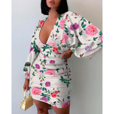 Floral Print Lantern Sleeve Ruched Bodycon Dress - Multicolor