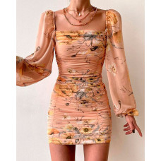 Floral Print Lantern Sleeve Ruched Bodycon Dress - orange