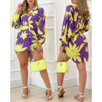 Floral Print Lantern Sleeve Shirt Dress - purple