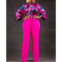 Floral Print Lantern Sleeve Shirt & Wide Leg Pants Set - hot pink