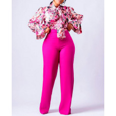 Floral Print Lantern Sleeve Shirt & Wide Leg Pants Set - pink