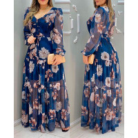 Floral Print Lantern Sleeve V-Neck Chiffon Dress - blue