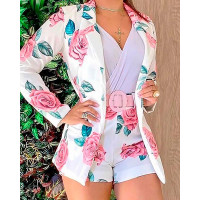 Floral Print Long Sleeve Blazer Coat & Shorts Set - white