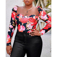 Floral Print Long Sleeve Bodysuit - black