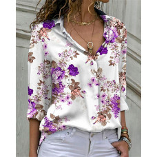 Floral Print Long Sleeve Button Down Shirt - purple