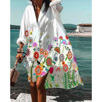 Floral Print Long Sleeve Casual Shirt Dress - white