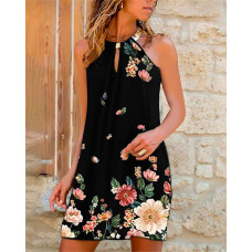 Floral Print Metal Halter Casual Dress - black