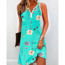 Floral Print Notch Neck Casual Dress - green