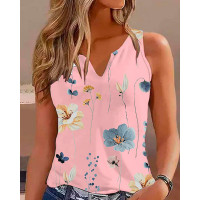 Floral Print Notch Neck Casual Tank Top - pink