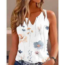 Floral Print Notch Neck Casual Tank Top - white