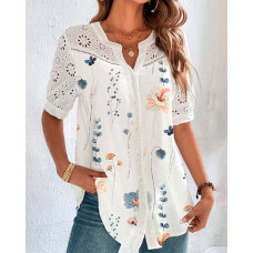 Floral Print Notch Neck Eyelet Embroidery Top - white