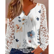 Floral Print Notch Neck Lace Patch Blouse - white