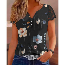 Floral Print Notch Neck Lace Patch Top - black