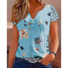 Floral Print Notch Neck Lace Patch Top - blue