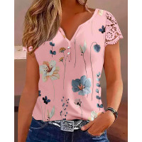 Floral Print Notch Neck Lace Patch Top - pink